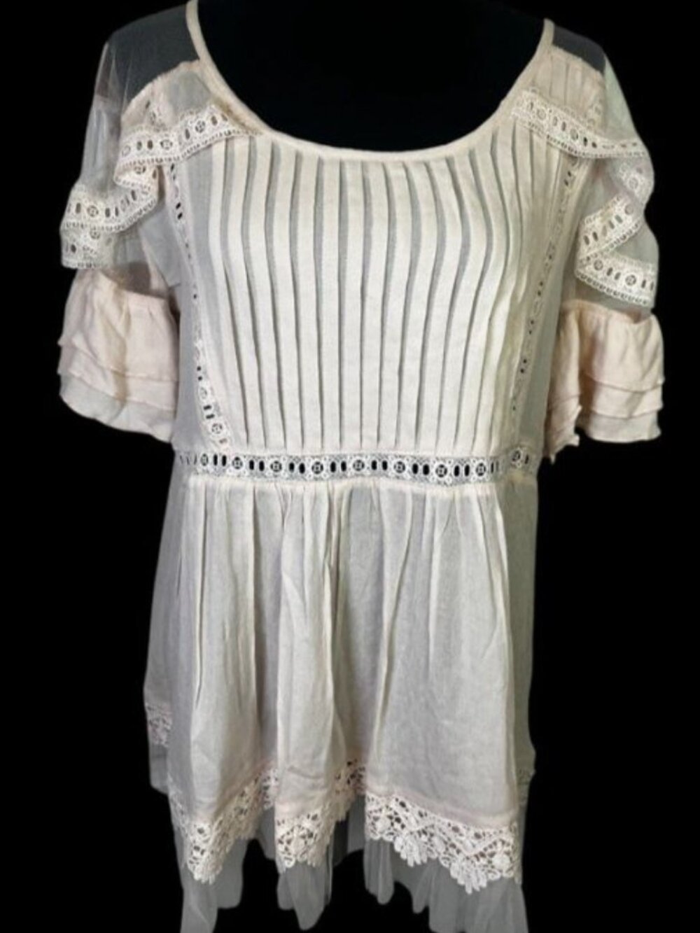 POL Pintuck Flutter Sleeve Tunic Top Sz M Mesh Shoulder Hem Fairycore Boho Lace